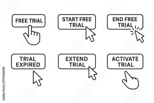 Interactive icons for free trial start, end, and extension buttons