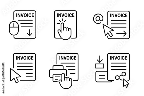 Invoice icon set featuring click, print, and email symbols for digital transactions