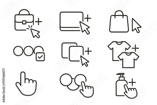 Set of interactive icons: shopping, navigation, and selection symbols