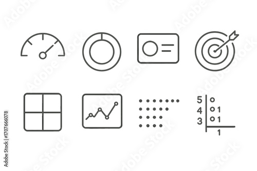 Minimalist icons of speedometer, chart, target, and more for data analysis and business