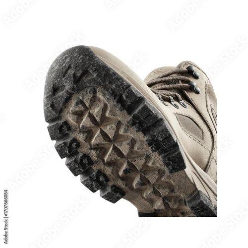 Close-up of a Muddy Hiking Boot Sole with Deep Tread Pattern