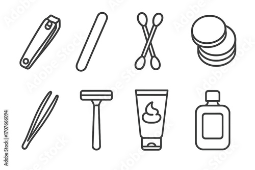 Personal care icons: nail clipper, tweezers, cotton swabs, razor, lotion, and more