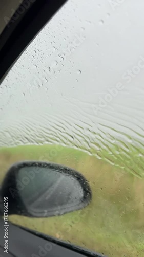 Rainwater flowing down a moving cars window
