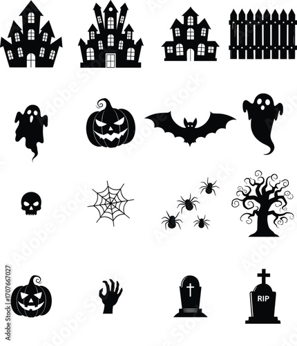 Halloween icons, haunted houses, ghosts, pumpkins, bats, spider webs, spiders, spooky tree, skull, graveyard tombstones, zombie hand, black fence