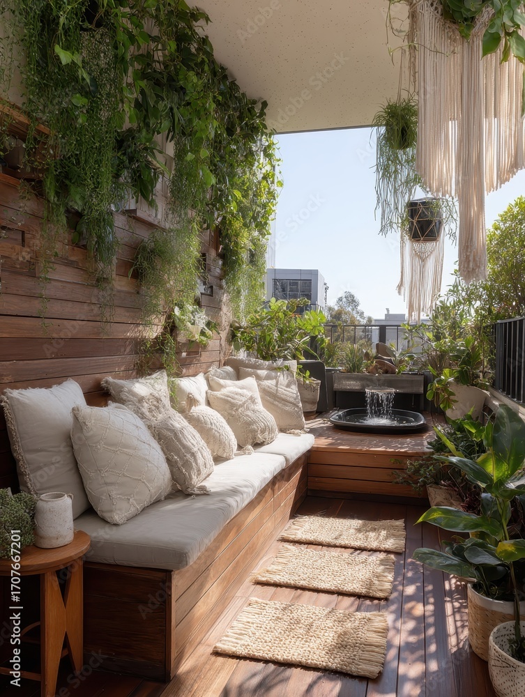 Fototapeta premium Wooden outdoor seating area with plants and a water feature.