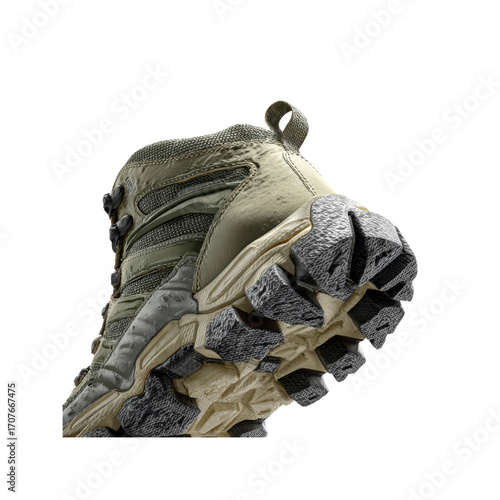 Close-up of Olive Green Hiking Boot Sole with Aggressive Tread