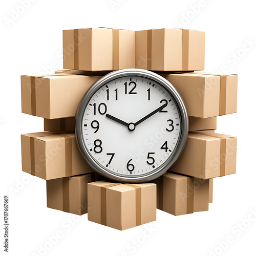 3d delivery time clock with cardboard boxes fast shipping concept isolated on transparent background