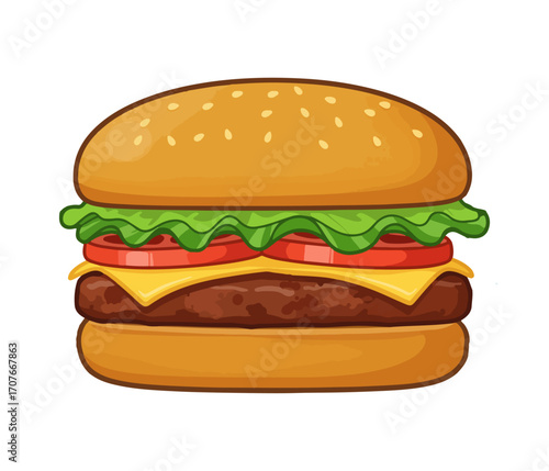 Burger, bun with ingredients vegetables and beef. Fast food. Snack sandwich. Vector illustration