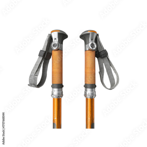 Close-up of a Pair of Orange and Grey Trekking Poles with Adjustable Straps
