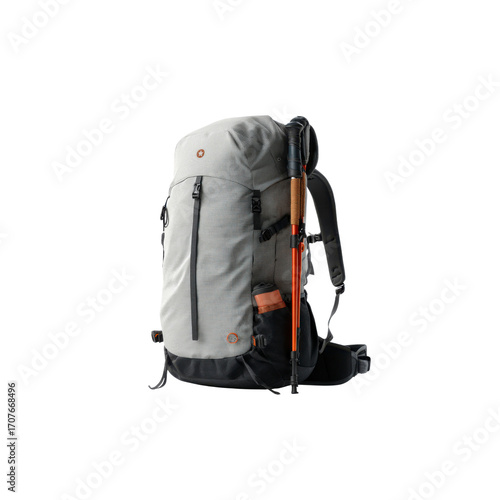 Grey Hiking Backpack with Trekking Poles and Water Bottle - Outdoor Adventure Gear
