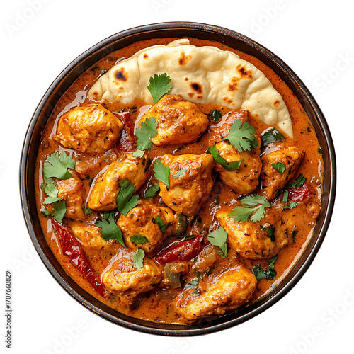 Chicken tikka masala with naan bread in bowl isolated on transparent background