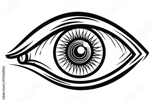 Monochromatic human eye design features a detailed iris with triangular extensions and bold lines