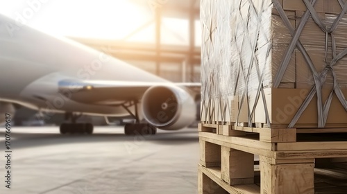 Air cargo operations shipping pallets at airport terminal logistics hub industrial setting close-up view