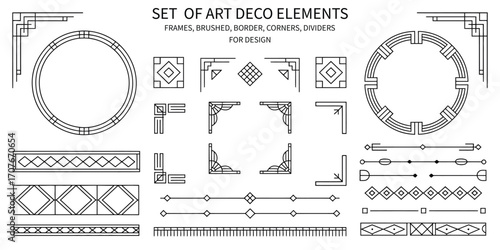 Art Deco Style Geometric Design Set Featuring Round and Rectangular Frames, Corners, Dividers, and Pattern Brushes with Corner Accents in Elegant Black on White Background