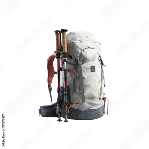 Grey Hiking Backpack with Trekking Poles