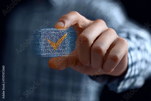 Close Up of a Hand Pressing a Blue Checkmark Icon on a Digital Code Background for Approval