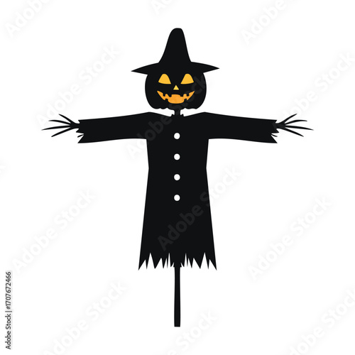 Black Halloween scarecrow silhouette with pumpkin head