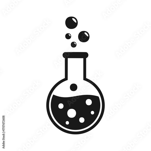 Black laboratory flask with bubbling liquid and transparent background