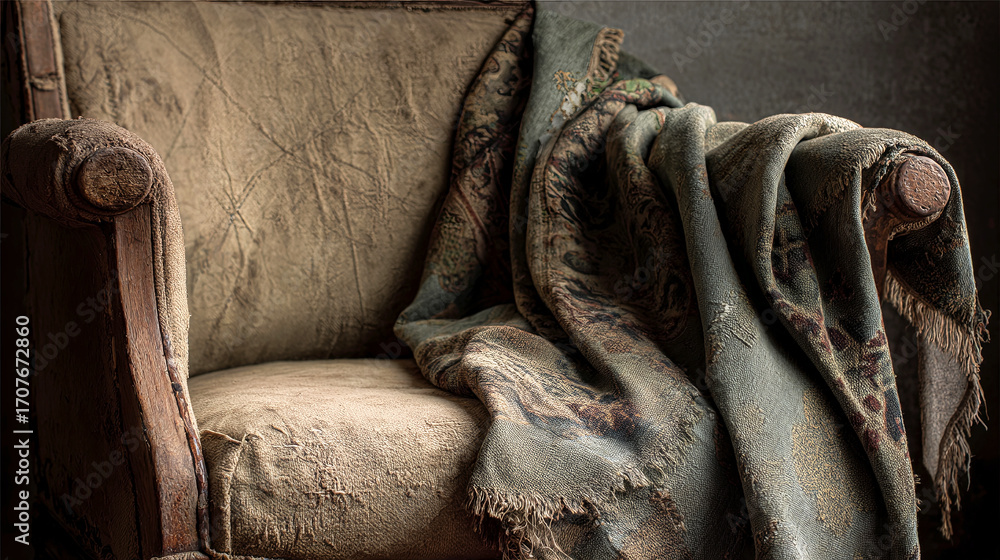 Obraz premium Vintage armchair with worn fabric and a cozy blanket draped over it, creating a warm and inviting atmosphere in a rustic interior setting with soft lighting