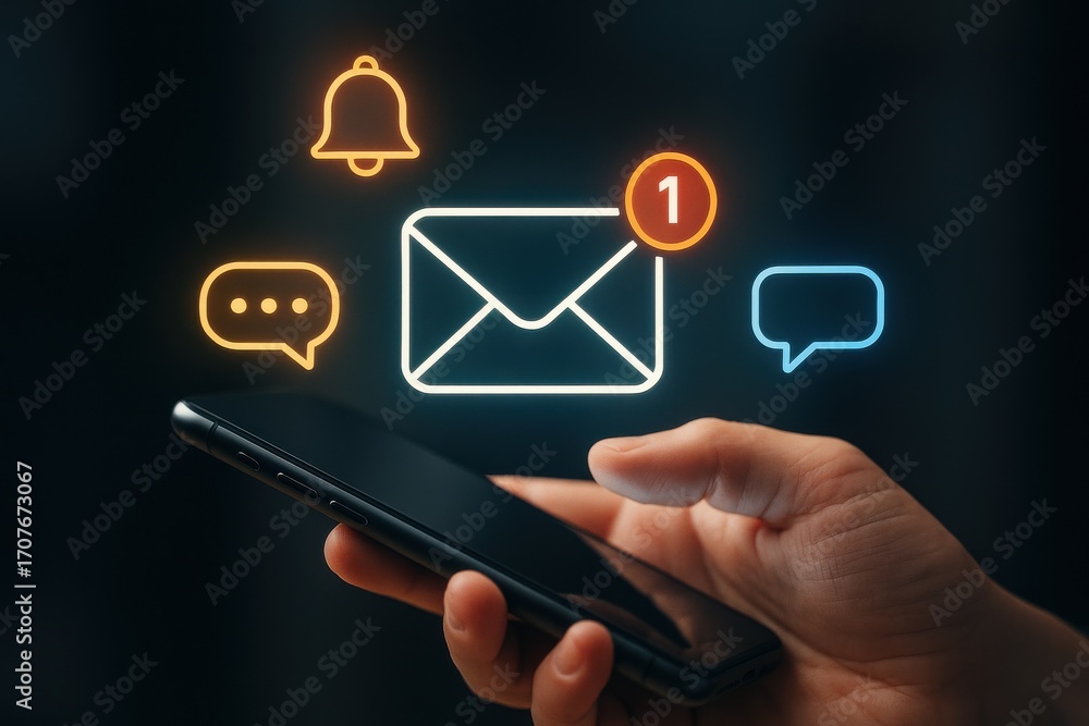 Hand Holding Smartphone with Notifications for Email, Messages, and Alerts on Dark Background Hand Holding Smartphone with Notifications for Email, Messages, and Alerts on Dark Background