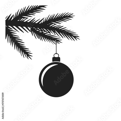 Black Silhouette Christmas Ornament on Fir Branch Keywords: christmas ornament, silhouette