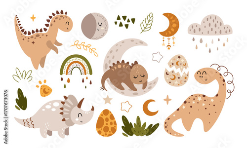 Boho dinosaur clipart set, celestial moon, stars, rainbow, dino eggs and plants. Bohemian vector illustration