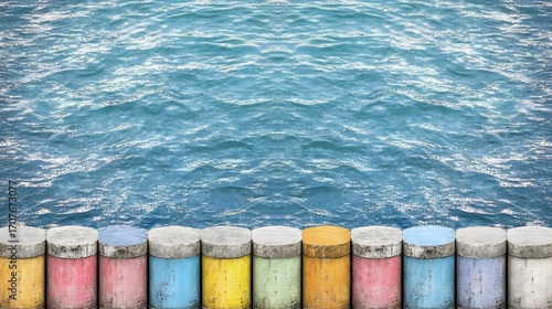 Colorful pillars by the serene ocean coastal view nature photography