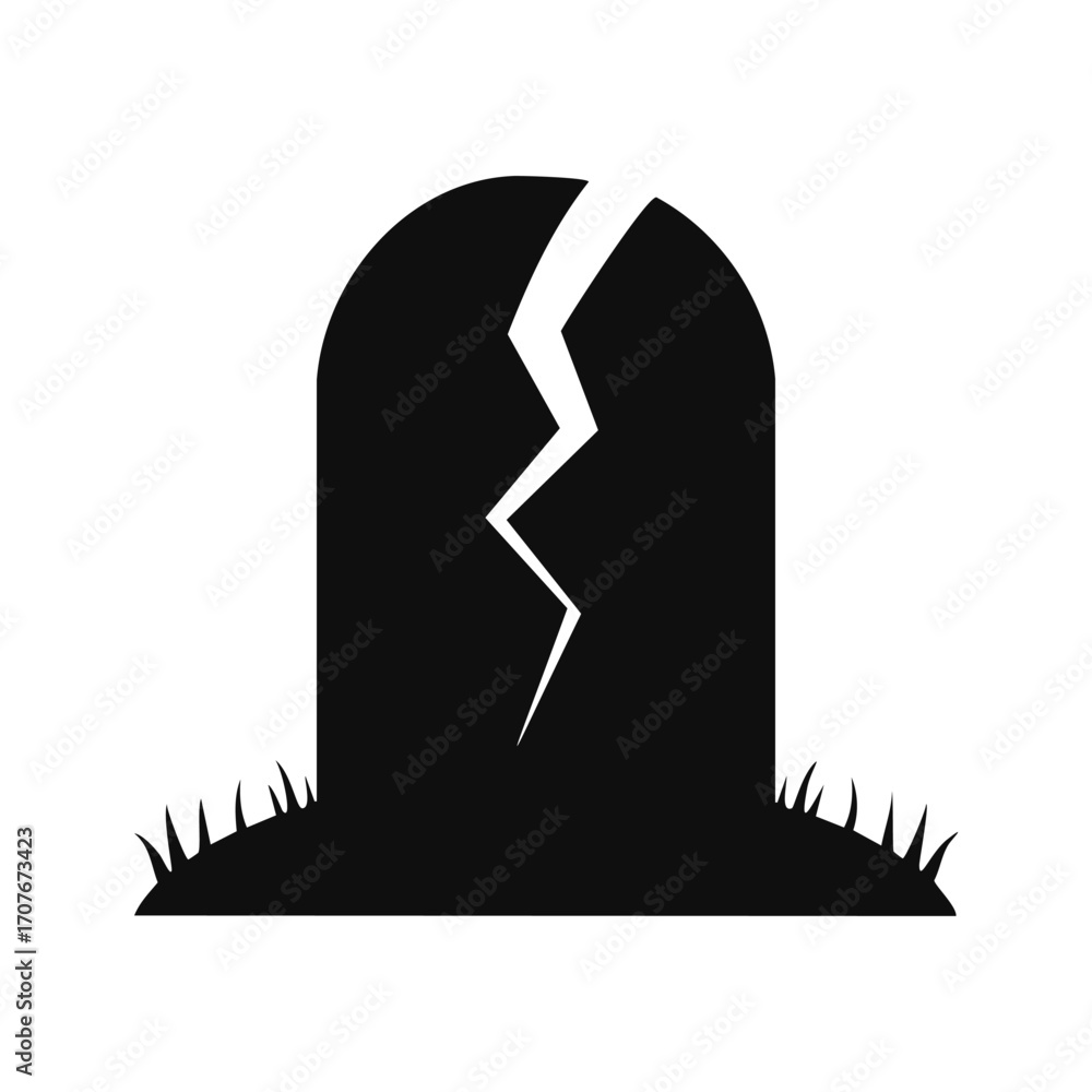 Fototapeta premium Black Silhouette Cracked Tombstone with Grass Keywords: tombstone, gravestone, grave, cemetery