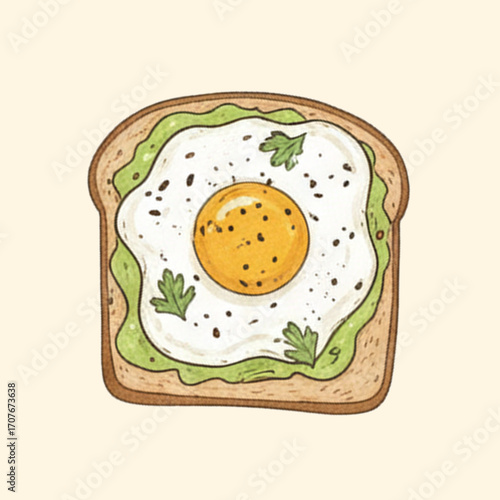 avocado toast with egg illustration on white background