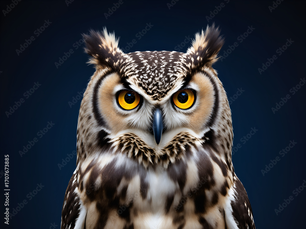 Fototapeta premium A wise and piercing portrait of a great horned owl, perched majestically