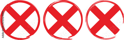 Three red x marks in circles hand drawn style on transparent background