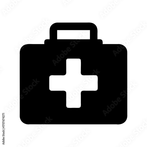 Simple First Aid Kit Bag Icon with White Cross Symbol in Black