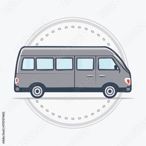 A gray minibus shown from the side, enclosed in a circular, dotted frame