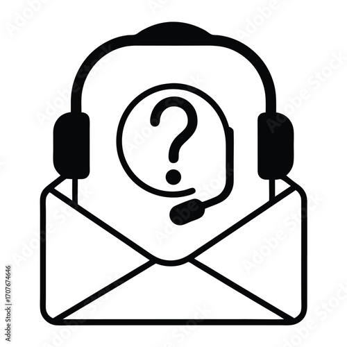 Outline of envelope with headset and question mark suggests needing help