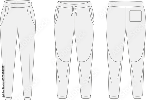 Jogger pants technical flat sketch, front back side views, casual wear design, fashion apparel template, clothing vector illustration, sewing pattern
