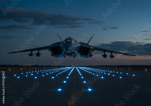 Stealth Fighter Jet Ascending at Dusk High Tech Military Concept