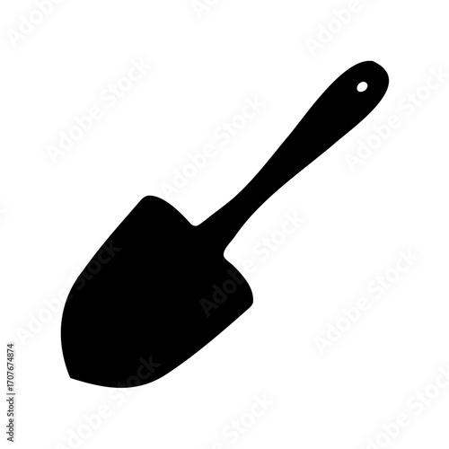 A black silhouette of a garden trowel tool on a white background