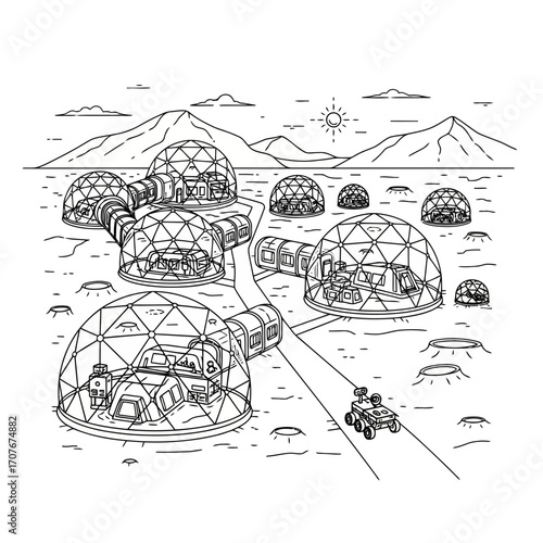 Futuristic space colony domes and rover on alien planet vector illustration vector