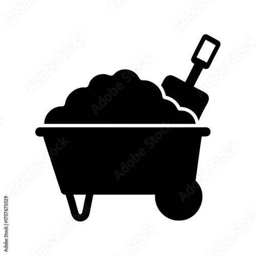 Isolated black illustration of wheelbarrow filled with dirt and a shovel, construction concept