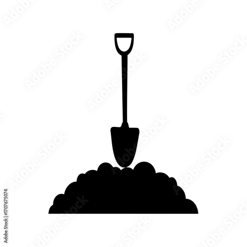 Simple black and white vector image showing a shovel in a dirt pile