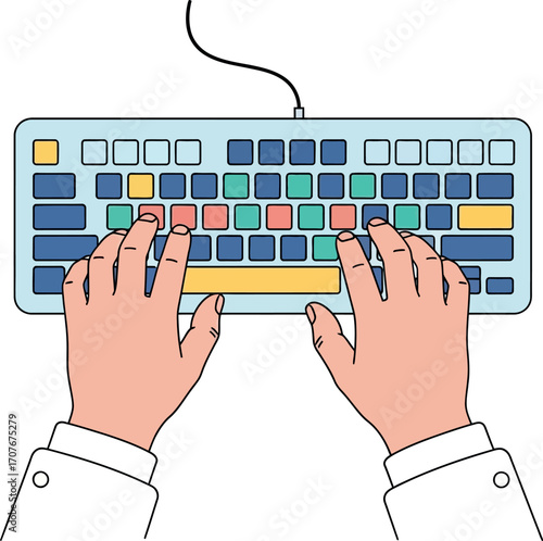 Close-up of hands typing on a colorful computer keyboard, suggesting work or communication.