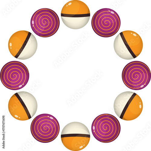 Halloween lollipop stripes and spiral pattern circular frame. Spooky glossy candy border design. Creepy sweet treat illustration