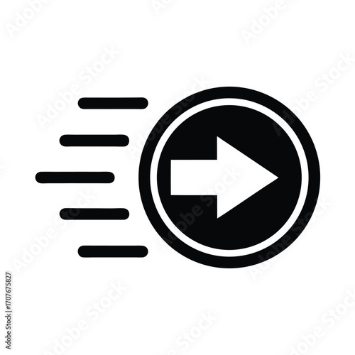 Rightward arrow inside the black circle shows forward motion with speed lines effect