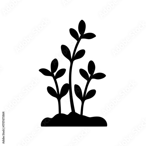 Simple black silhouette illustration of sprouts growing from the soil landscape