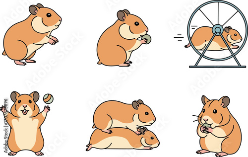 Playful hamsters engage in various activities, from running in a wheel to holding snacks.