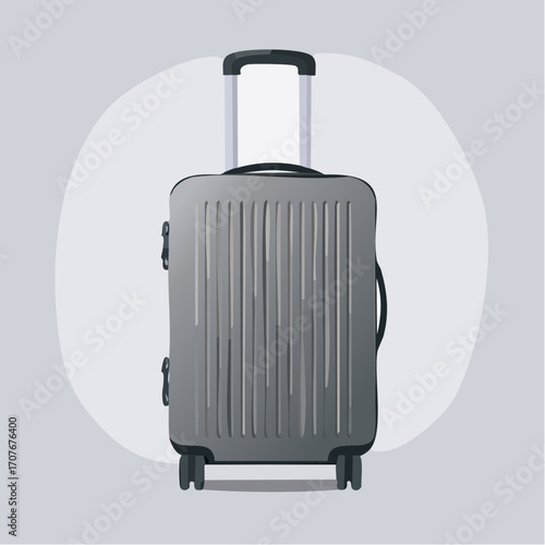A gray, hard-shell rolling suitcase shown from the side