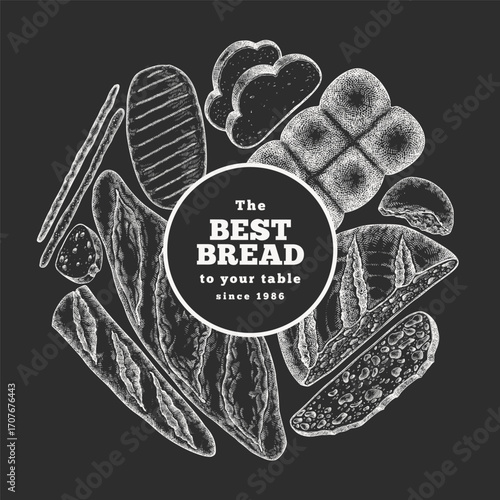 Hand Drawn Vector Bakery Chalk Board Illustration. Not AI Generated. Retro Bread Kinds Design Template. Old School Baking Products