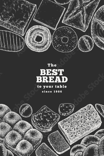Hand Drawn Vector Bakery Chalk Board Illustration. Not AI Generated. Retro Bread Kinds Design Template. Old School Baking Products