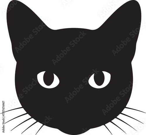 Simple black cat face silhouette with whiskers and bright eyes iconic pet image