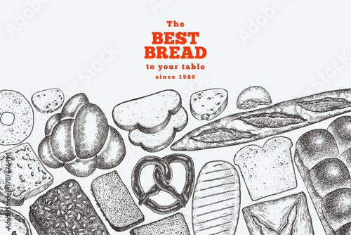 Hand Drawn Vector Bakery Illustration. Not AI Generated. Retro Bread Kinds Design Template. Old School Baking Products